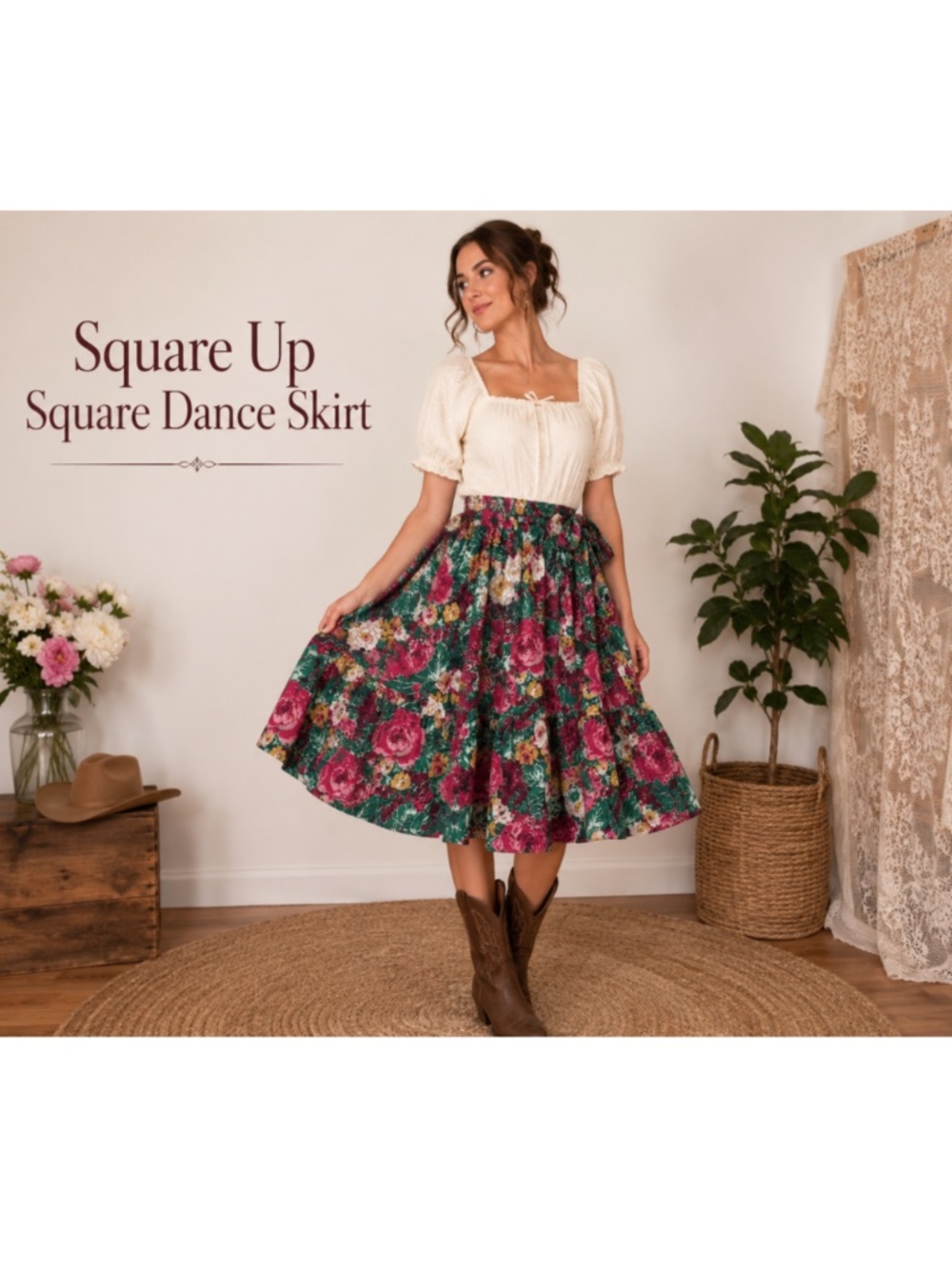 Vintage Square Up Floral Square Dance Skirt Women’s Small Cottagecore Prairie